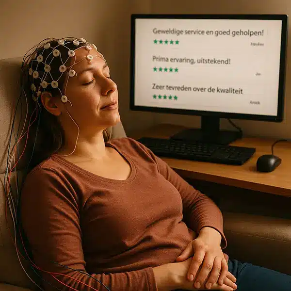 vrouw aan eeg op achtergrond positieve reviews